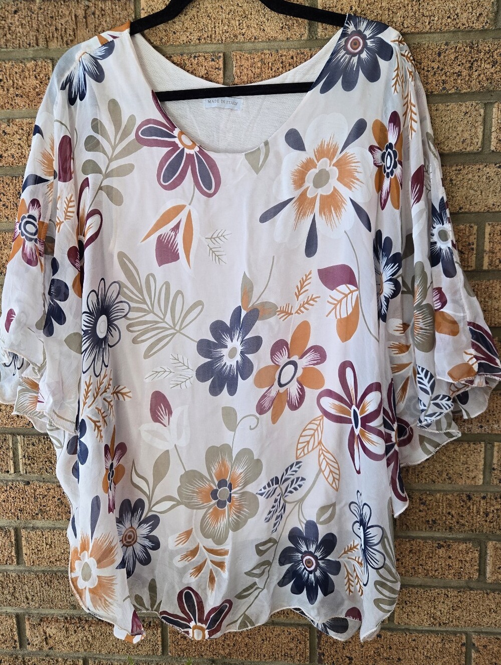 Beautiful Made in Italy Floral Silk-Blend Poncho Blouse with Attached Lining